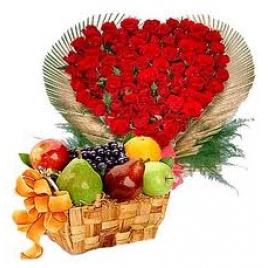 50 Red Roses Heart With 5 Kg Fruit Basket
